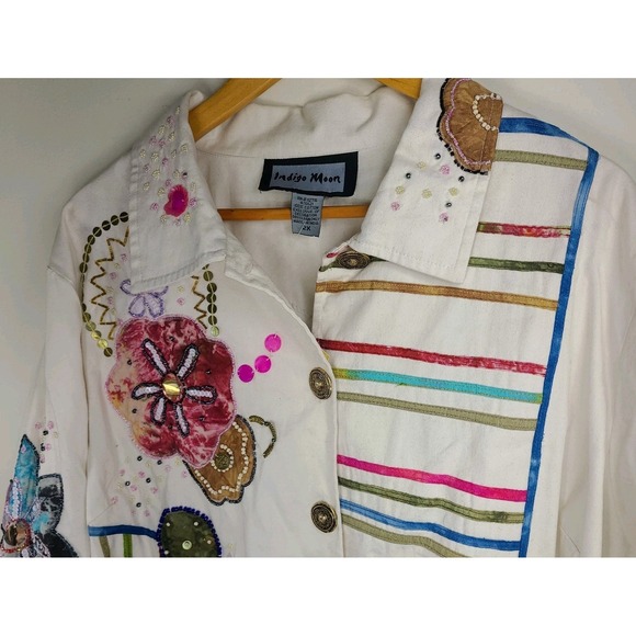 Vtg Indigo Moon Jacket Size 2X Floral Embroidered Appliqué Beaded Cotton NWT - Picture 2 of 9